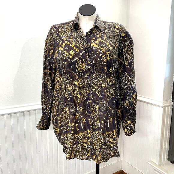 Details Express Plus Size 24 Shirt 100% Silk Button Front Floral Artsy Gray Gold - Picture 1 of 10